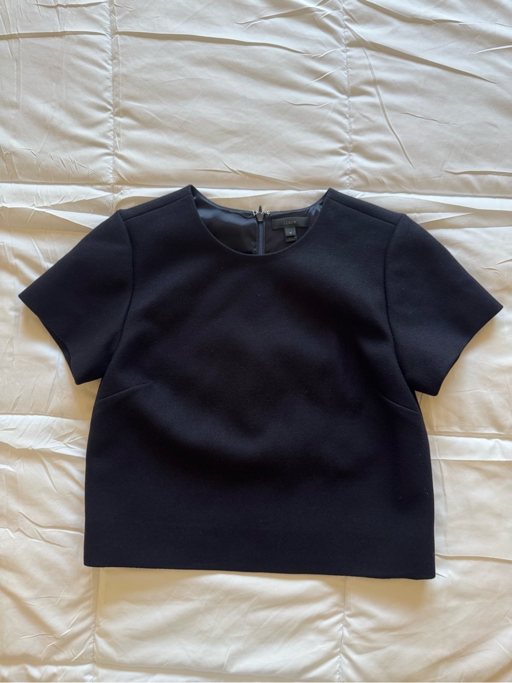 J.Crew Navy Wool Structured Boxy Top Zip Back Short Sleeve Size 4 NWOT